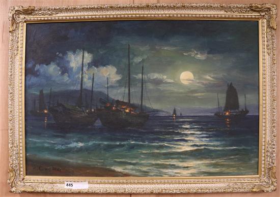 H.Cheng Junks off the coast at night 20 x 29.5in.